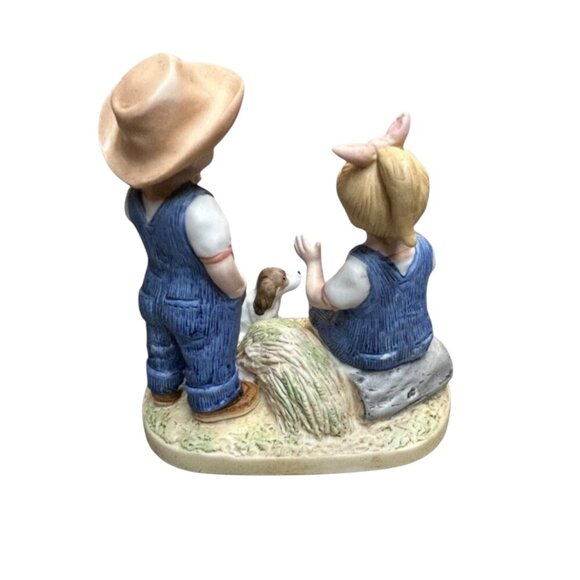 Homco 1985 Denim Days Debbie Danny Puppy Dog Apples Porcelain Figurine - Picture 3 of 6